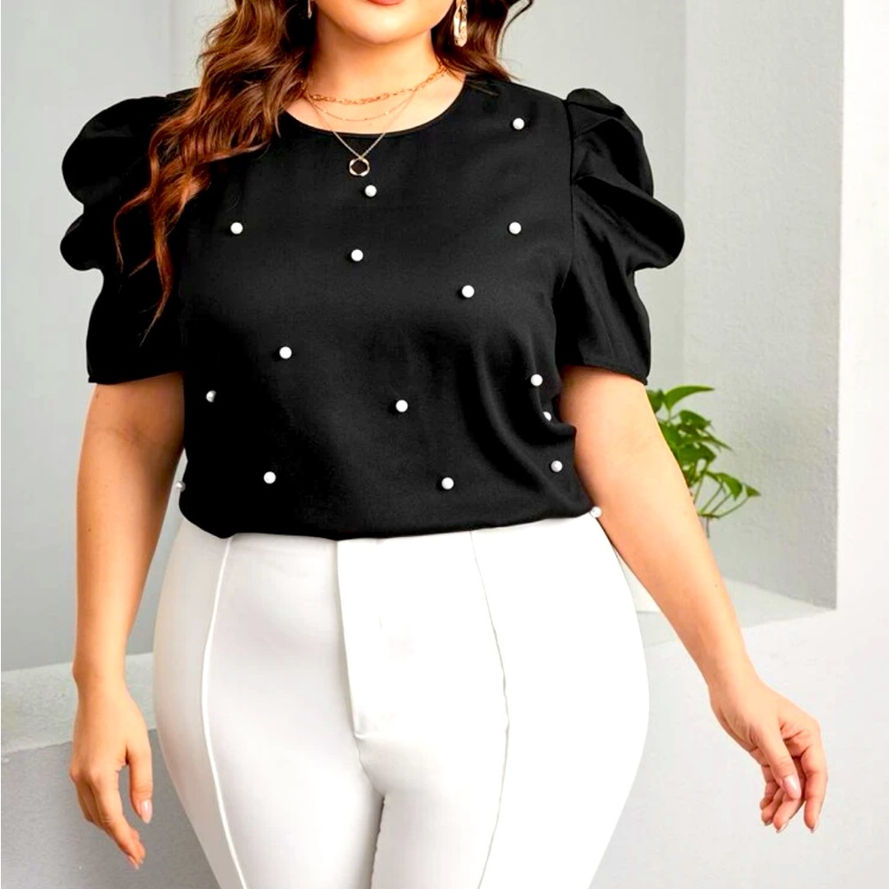 SHEIN Plus Size Pearl Beaded Puff Sleeve Blouse